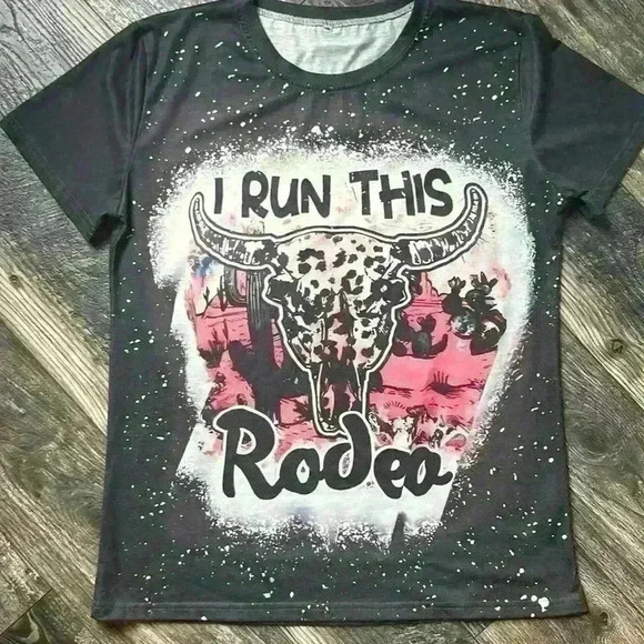 Tops - “I Run This Rodeo” Black And Pink Short Sleeve Cow Skull Tshirt Women’s XL